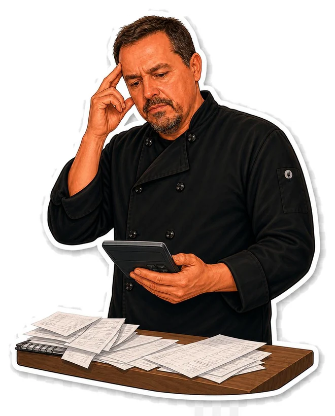 El chef preocupado con una calculadora y boletas