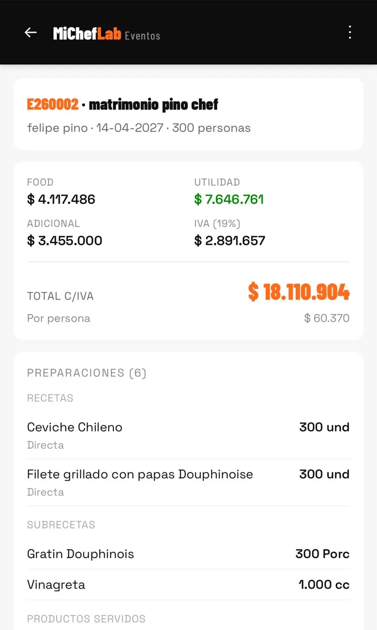 Resumen económico de un evento en el celular